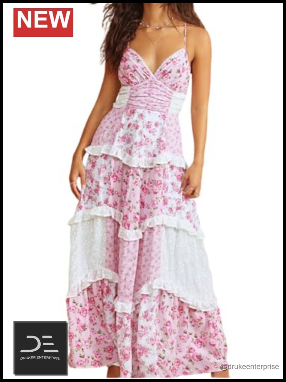 Lace Patchwork Floral Maxi Dress Spaghetti Strap Backless Ruffle Tiered Boho